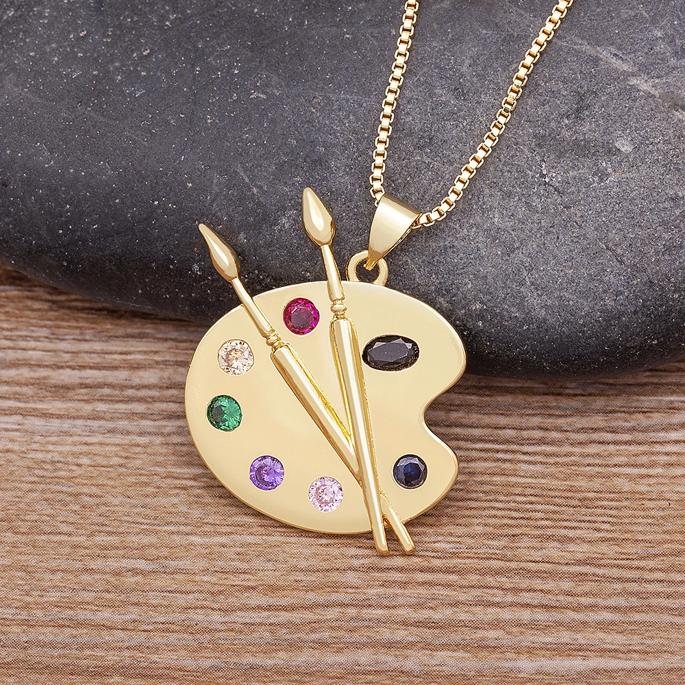QIKU Trendy Drawing Board Shape Design Pendant Necklace Neck Chain Copper Cubic Zircon Women Punk Jewelry Gift Wholesale Price