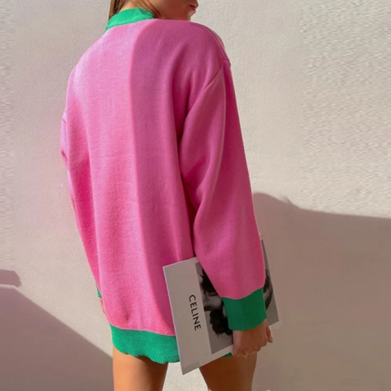 Fancy Custom Logo US women V Neck cardigan contrast color viscose cotton rib Knitted cardigan sweater