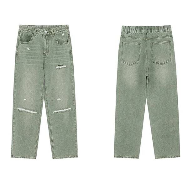 Custom Y2K retro baggy jeans green washed loose destroyed ripped wear holes solid jeans homme
