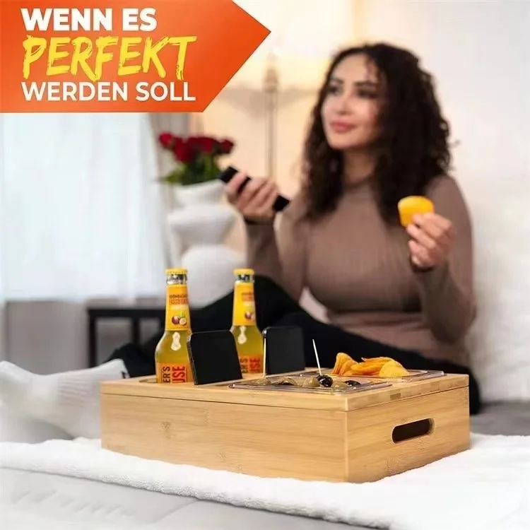 Wholesale Drink Snack Holder Simple Wood Sofa Bed Snack Storage Tray Box With Slots For Beer