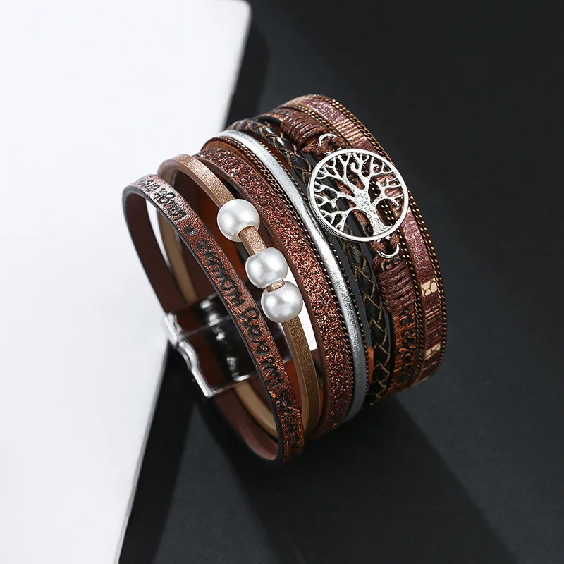 Wholesale Copper Tube Magnetic Buckle Multilayer Life Tree Leather Bracelet Jewelry For Women
