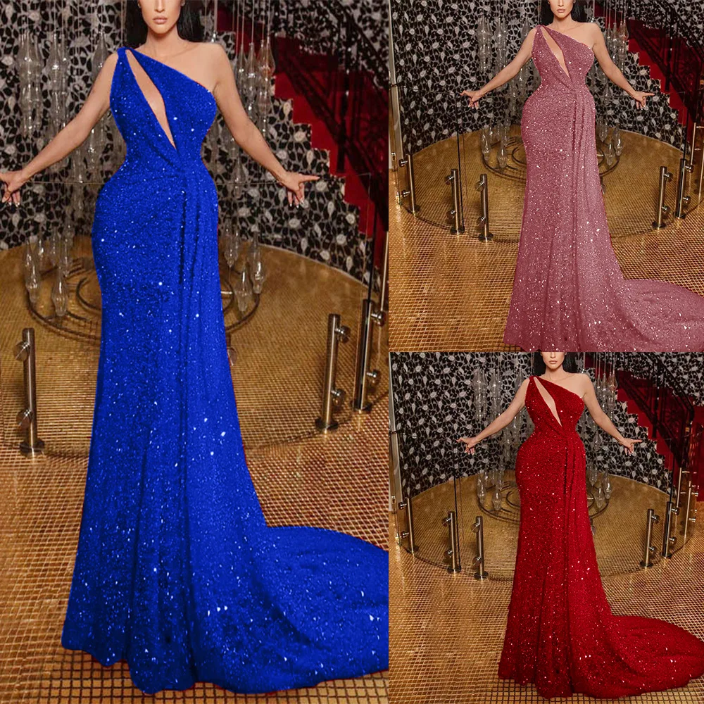 F004 Hot Sell Diagonal Shoulder Beaded Sequin Dresses Women Party Long Evening Dress Slim Off shoulder Wedding Dress 2022