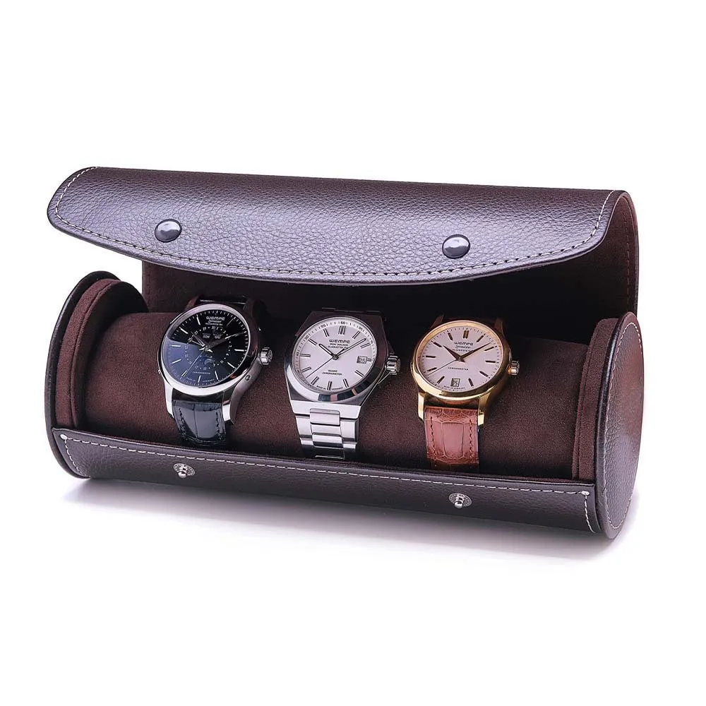 Langqin 3 Slot Travel Box Watch Case Custom OEM&ODM  Genuine cow Leather Watch Roll For 3 Watches