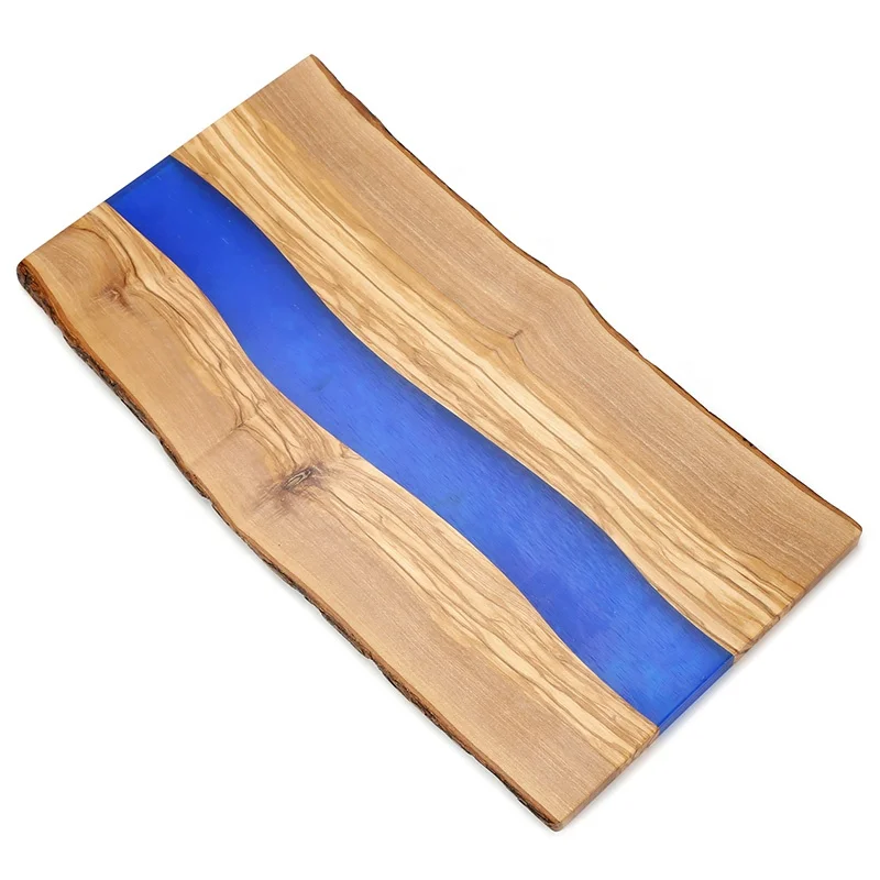 Rectangular Large Multi Functional Epoxy Resin Olive Wood Chopping Serving Cutting Board With Blue River