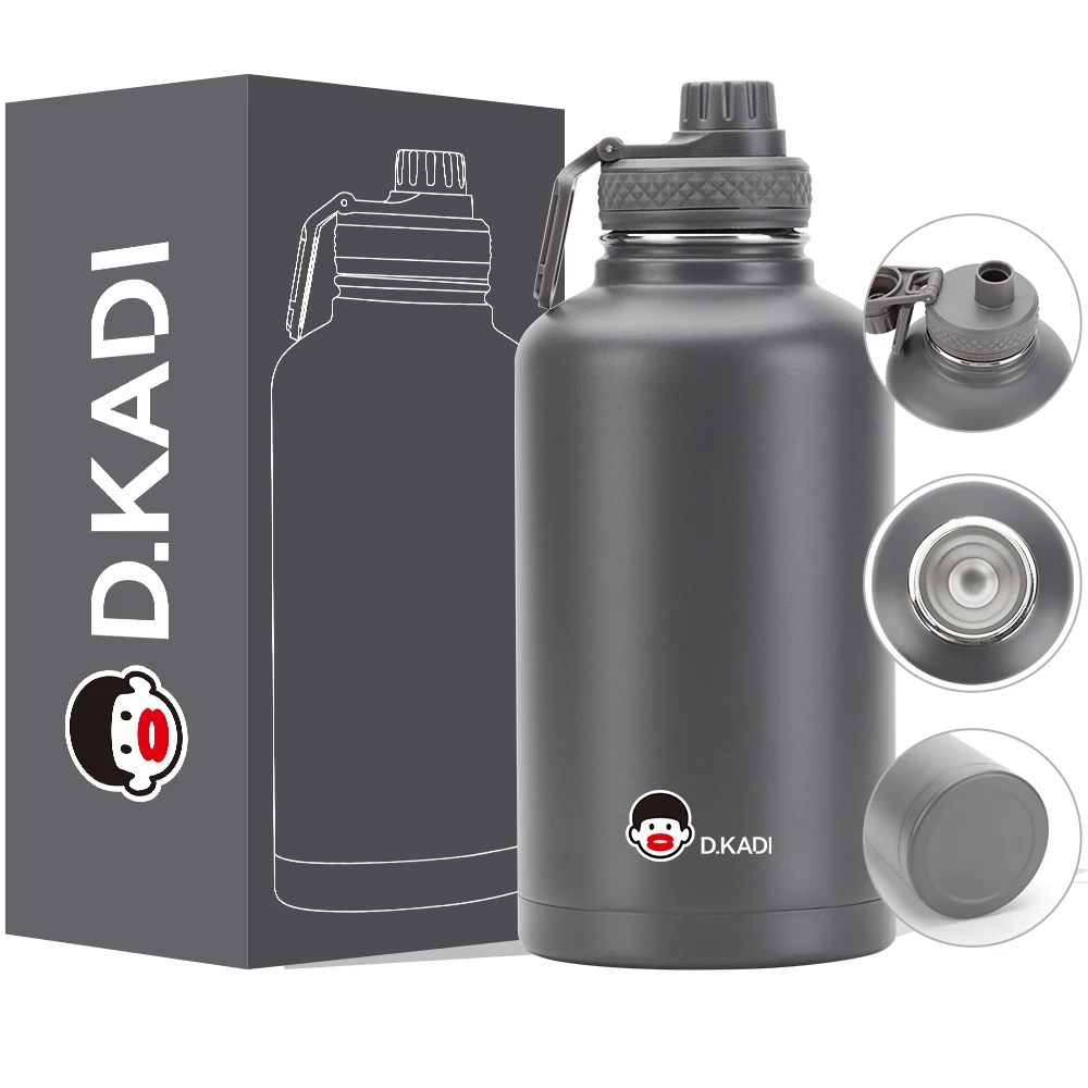 Half Gallon Stainless Steel Water Jug Insulated  Large 64 oz Running Gym Bottle Paracord Handle Rugged Removable Sleeve Keys