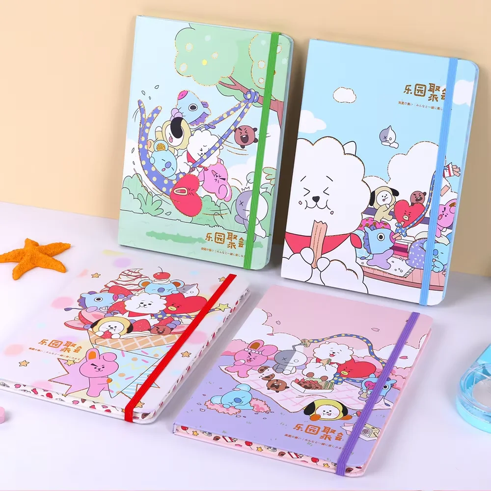 A5 Hardcover Notepad with elastic band Colorful Edge Cute Cartoon 80 sheets lined page Diary Notebook Scrapbook