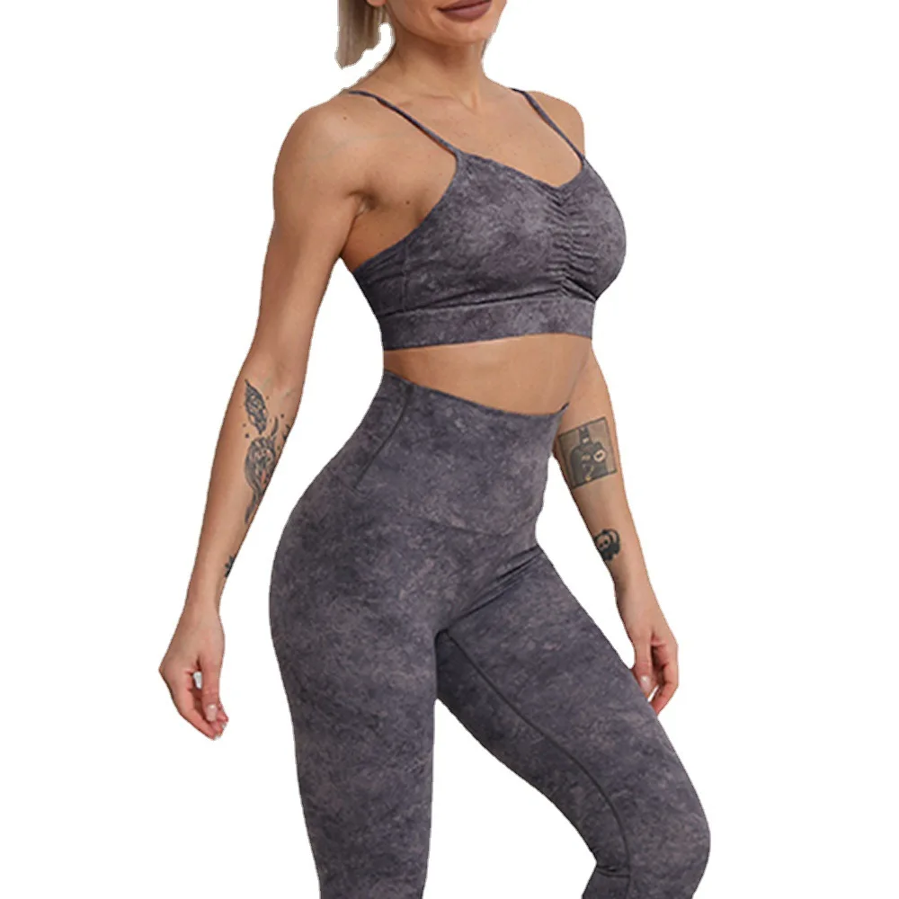 Aoyema Custom Logo Yoga Sets Training Wear Workout Strength Marble Pattern Push Up Sports Bra Seamless Leggings Gym Fitness Sets