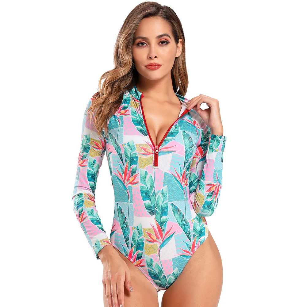 PRETTY STEPS 2022 Summer Sexy Long Sleeve Swimwear Women Floral Print Summer Beach Bikini Zipper One Piece Swimsuit