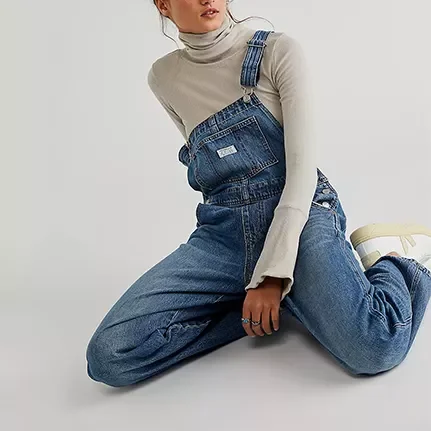 Women vintage relaxed fit wide leg classic blue Jeans fashion denim bib straight loose pants