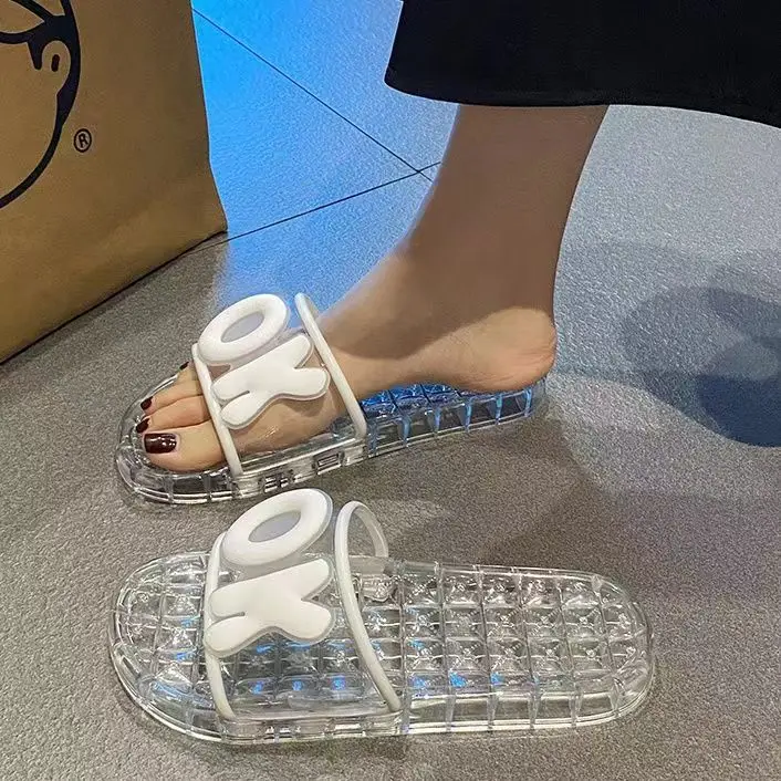 High-grade transparent crystal slippers female summer sweet home bathroom home soft sole fashion word glass shoes