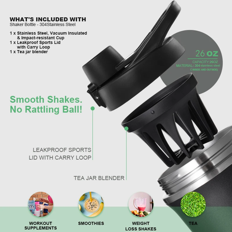 Eco friendly  Protein Shaker Bottle 26oz  Stainless Steel Protein Bottle Shaker Leakproof  cup with blender