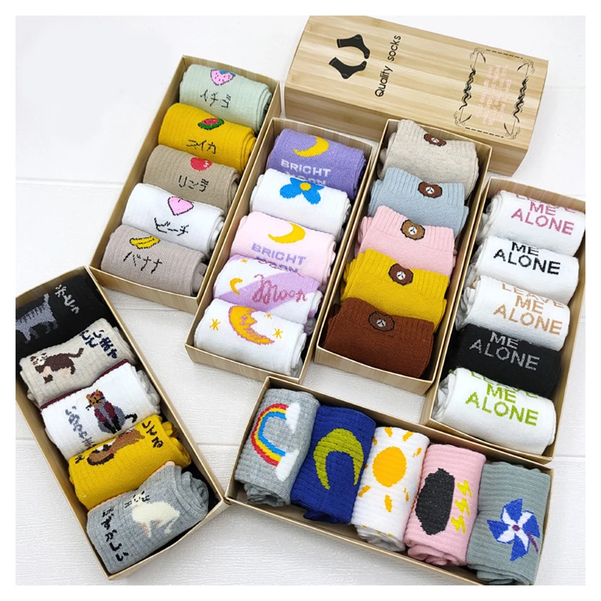 Wholesale Custom Gift Box Candy Color Crew Cotton Cute Cartoon Anime Fruit Letter Plaid Print Women Socks