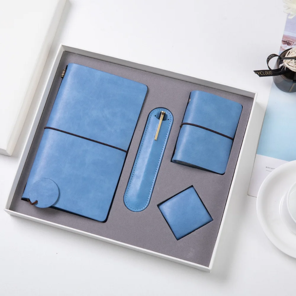 Boshiho New Arrivals Low Moq Office Blue A6 Planner 2022 Custom Journal with Pen Set and Card Bag PU Leather Notebook Gift Set