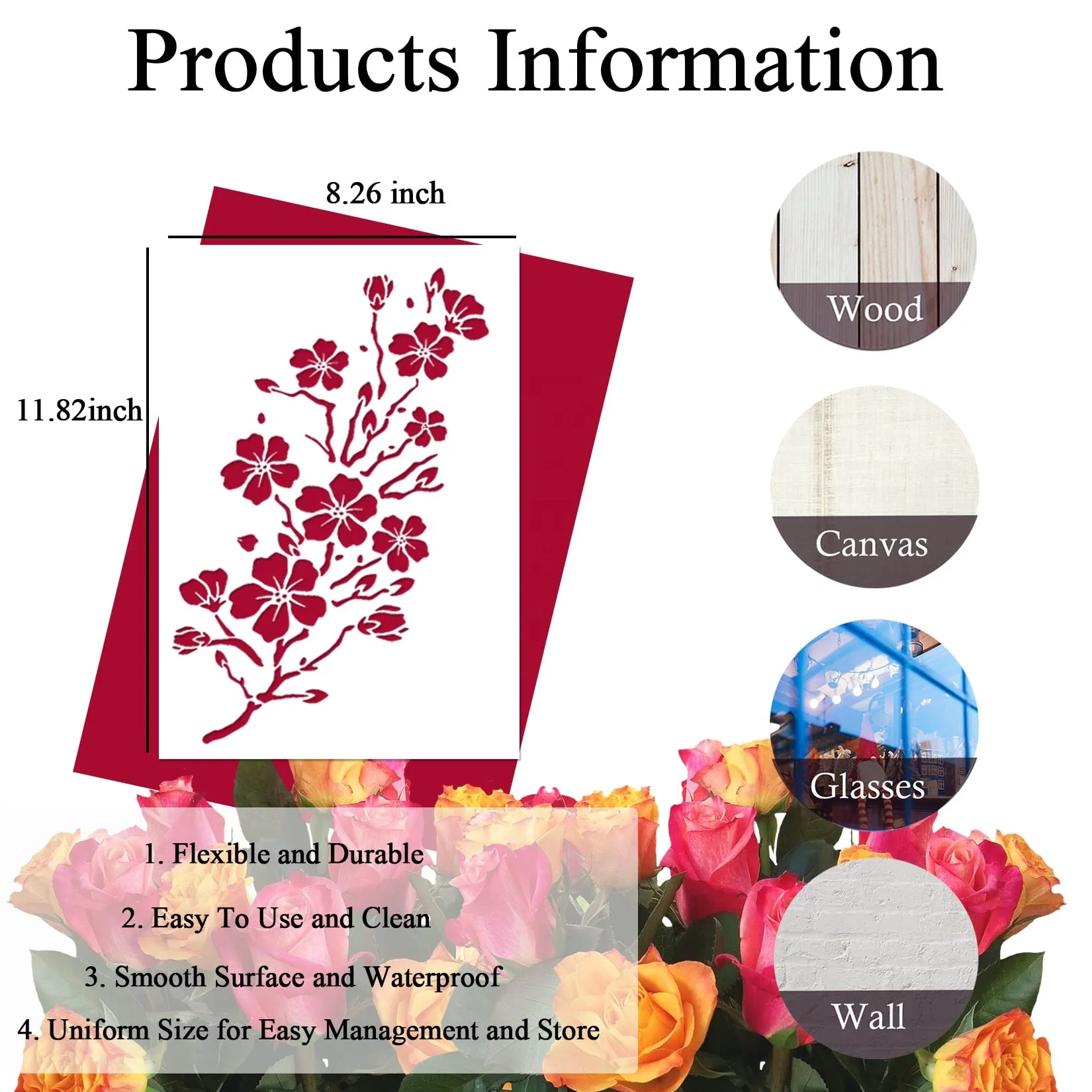 6 PCS A4 Vine Leaf Rose Stencil Cherry Blossom Stencil Bird Tree Branch Stencils Reusable Floral Flower Template