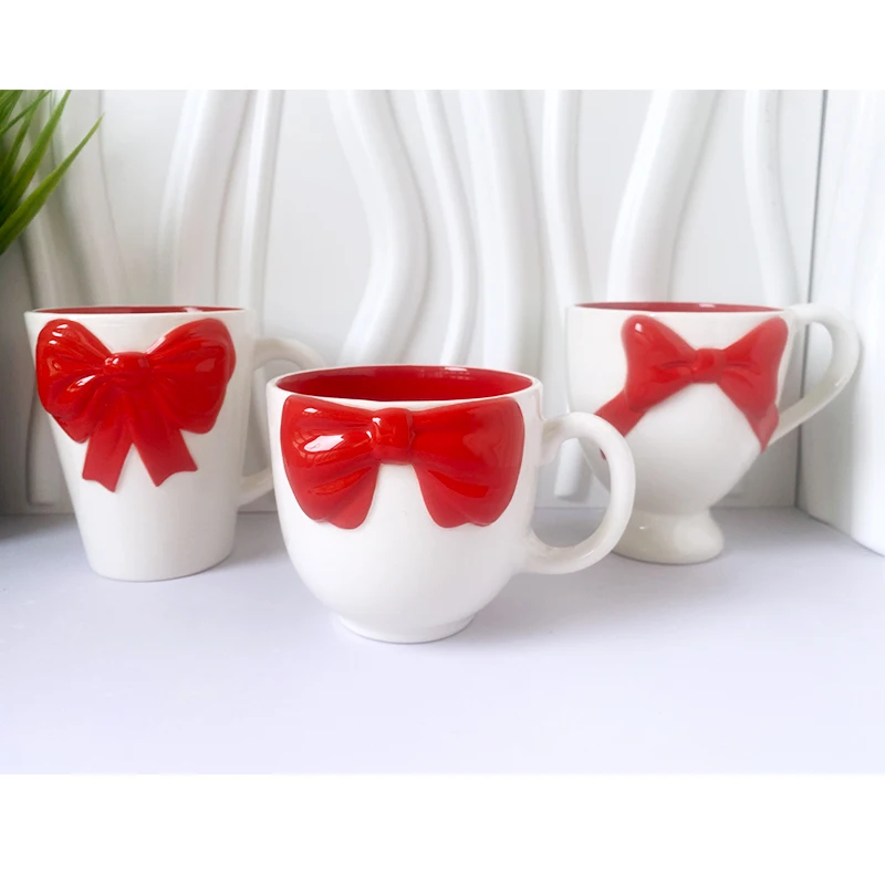 2024 Mug Wholesale OEM ODM Bulk Handpainted 3D Ceramic Creative Unique Shaped Valentine Coffee Bow Cute Mugs for Girls
