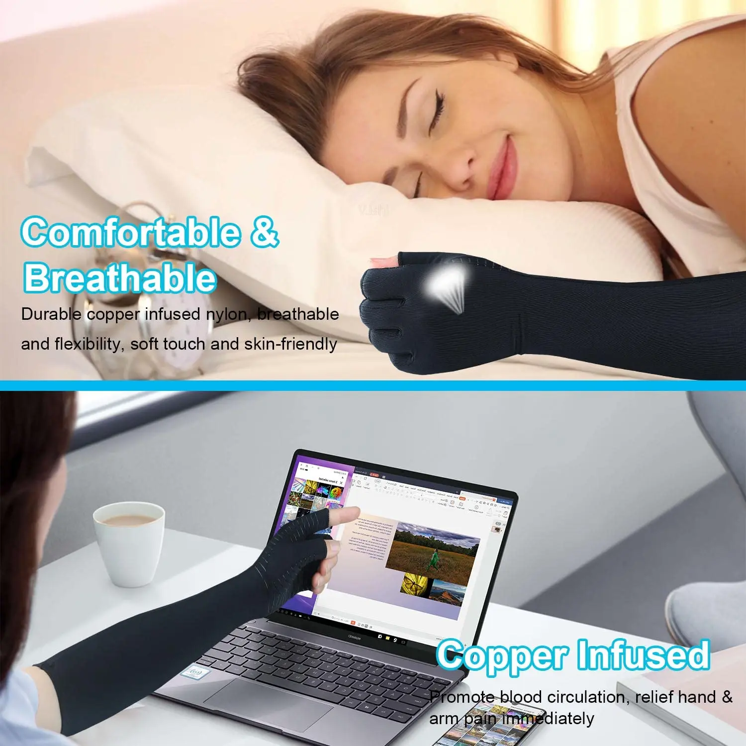 Fingerless Support Hands Wrist And Arms Copper Fiber Compression Therapy Arthritis Long Gloves For Computer Typing