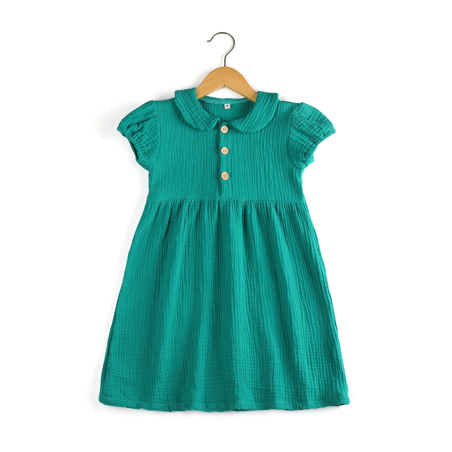 2022 sweet design  Summer peter pan collar blank muslin button down short sleeve smocked casual dress baby girl dress