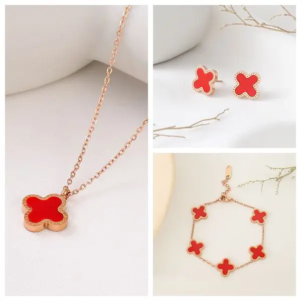 Fashion stainless steel jewelry set Necklace earrings bracelet four-leaf clover jewelry set