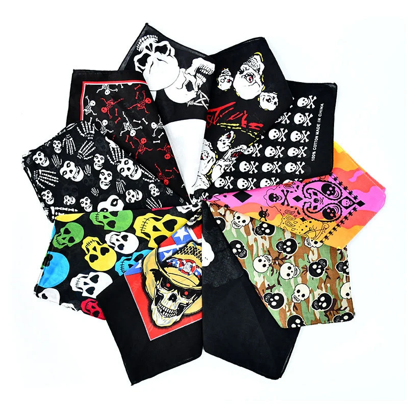 Fashion Design Cashew Flower Skeleton Bandanas Custom Printing Black Hip Hop Scarf 54*54cm Polyester Head Wear Scarf