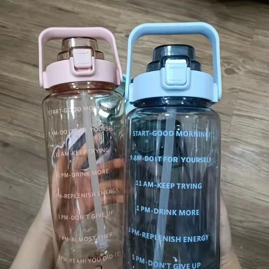2L Cold Fitness Straw Motivational with Time Marker Sport Plastic Water Bottle