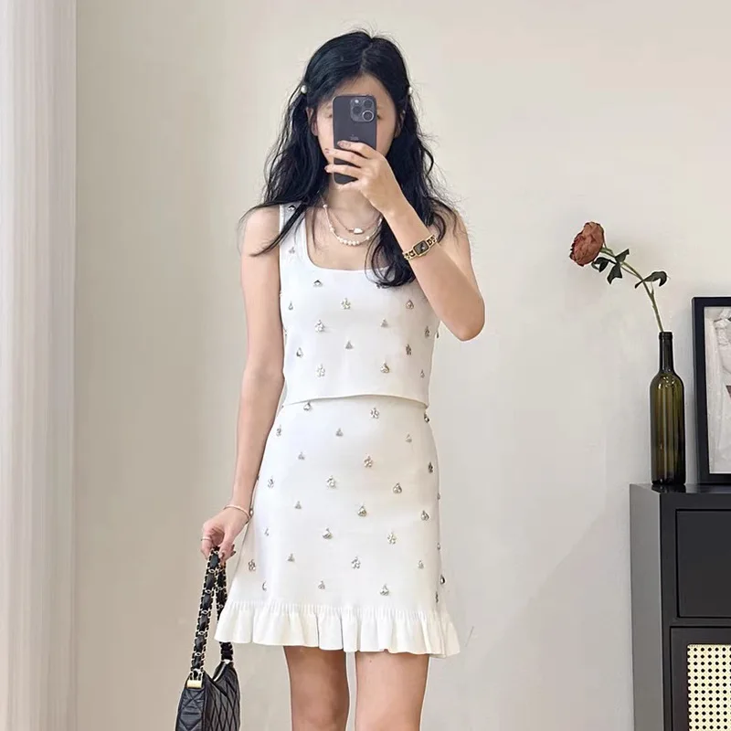 sandro dress women Spring/summer French white design ladies two pieces set sexy sleeveless halter vest  with  A-line skirt set