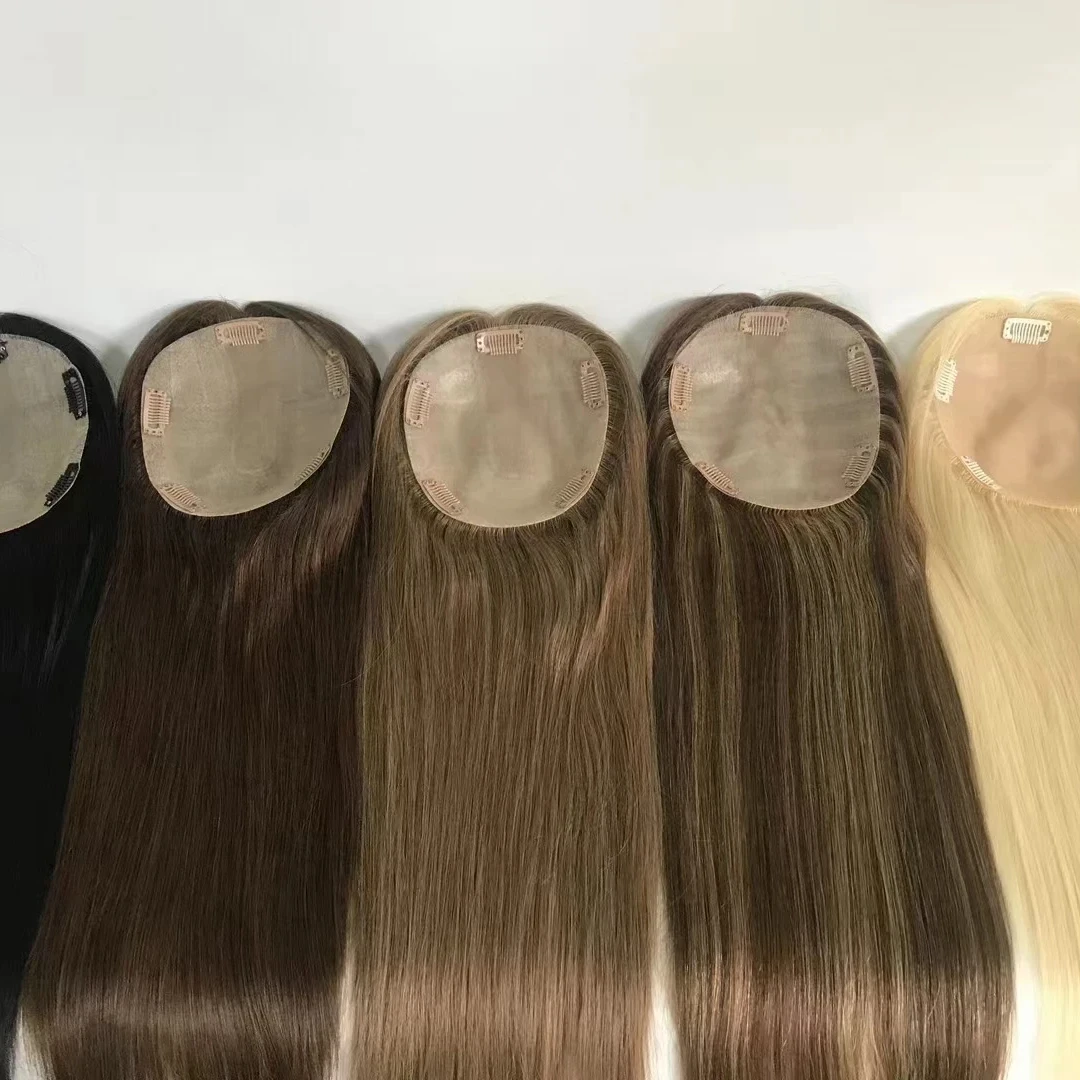 Blonde Silk Hair Topper with PU Skin Natural Front Hairline 100% Human hair Indian Straight for Women