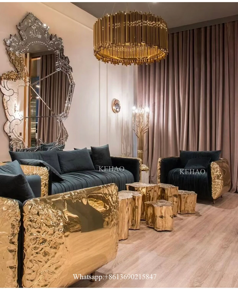 Boca Modern Style villa Light Luxury Leather Living Room Sofas Sectionals Couch Lounge Custom gold brass Sofa Set Furniture