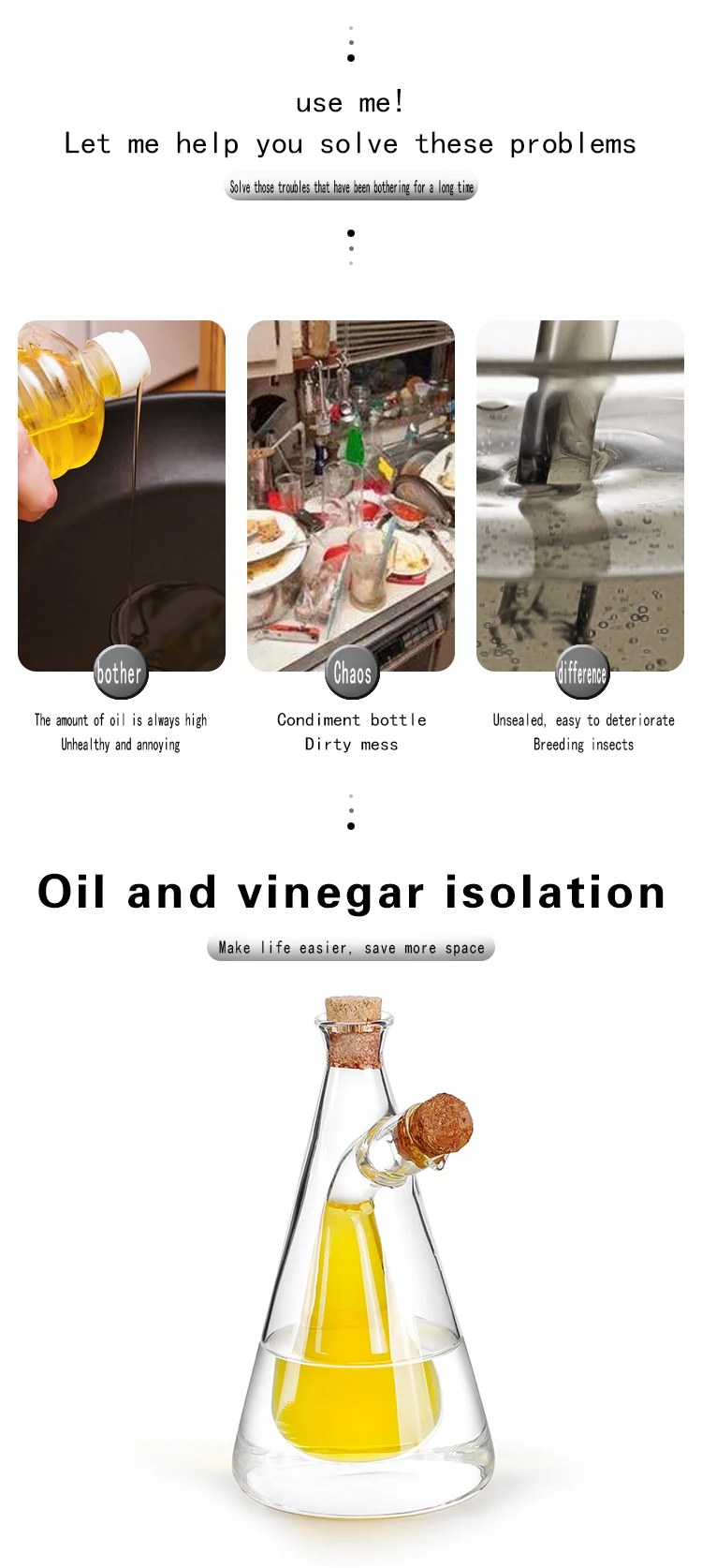 Amazon Hot!!!Novel Design Double Separated Room Glass Cooking Oil Pot Glass Vinegar Pot Kitchen Utensil with Hermetic Cork Lid