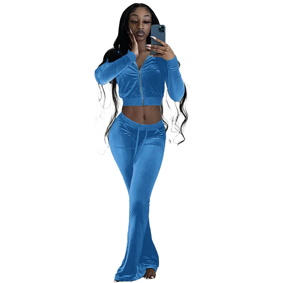  Fall Sweatsuit Women Velvet Outfits Autumn Crop Top Sweat Wide Leg Pants Sets Two Pieces Velour Tracksuits