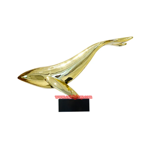 Indoor outdoor Decor design Sculpture marble base metal Stainless Steel Whale Fish statue