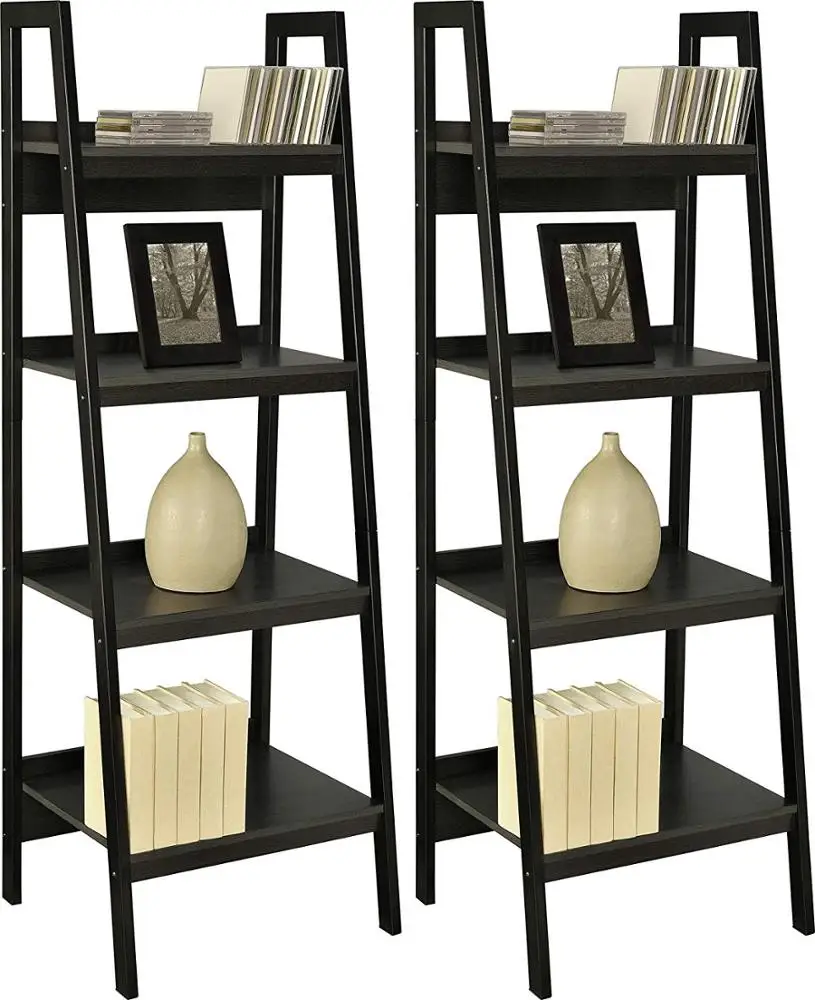 Bamboo Bookshelf Storage Organizer Display Ladder Shelf Black Color