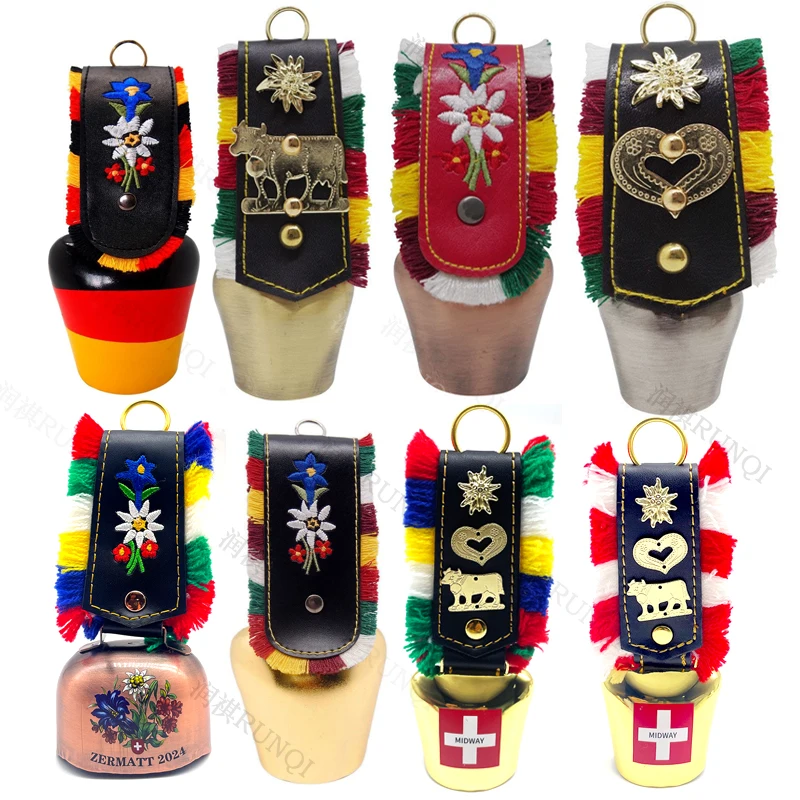 Swiss bell souvenirs Leather embroidery Edelweiss metal bell crafts pendant  Custom gold colour bell print pattern