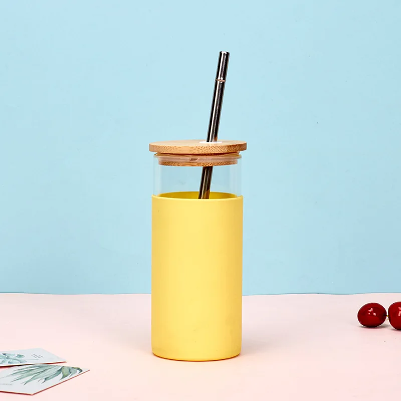 Wide Mouth Reusable Cups Fast Delivery Silicone Sleeve Glass Water Cup Bamboo Lid Glass Bottle With Bamboo Straw