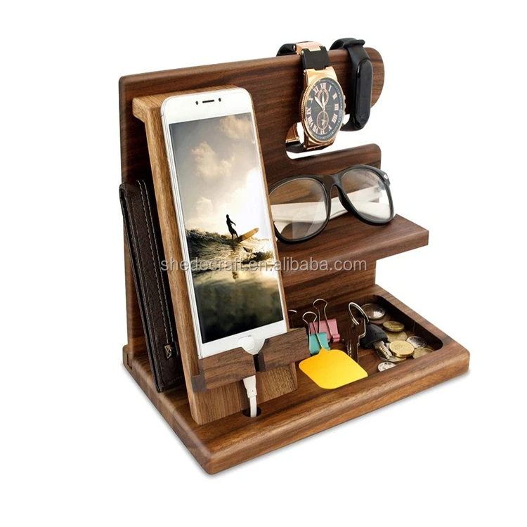Natural walnut phone docking station key holder wallet watch organizer men gift husband wife tablet stand wood