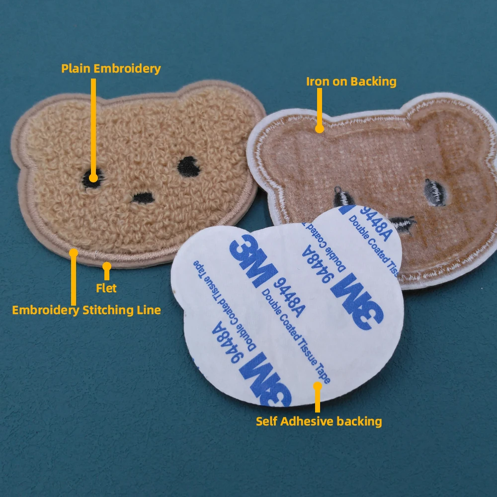 High quality self adhesive cute animal towel embroidery patches big size bear iron on chenille clothing patches