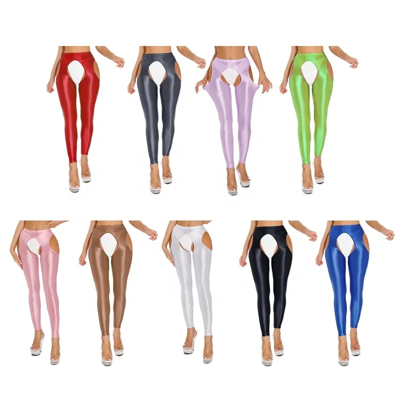 Wholesale Glossy Cutout Leggings High Waist Open Crotch Thigh Stretchy Pants Leggings For women sexy