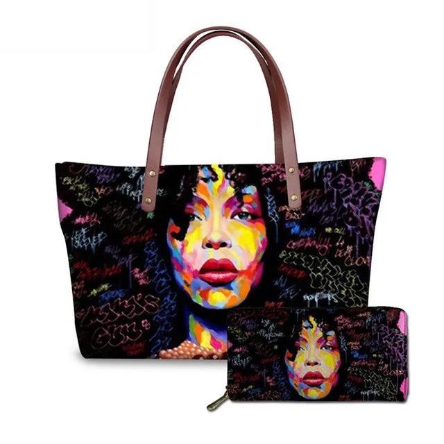 
fashion purse and wallet set beautiful afro girl and graffiti art letter printed purses and handbags women luxury 2pcs universal 