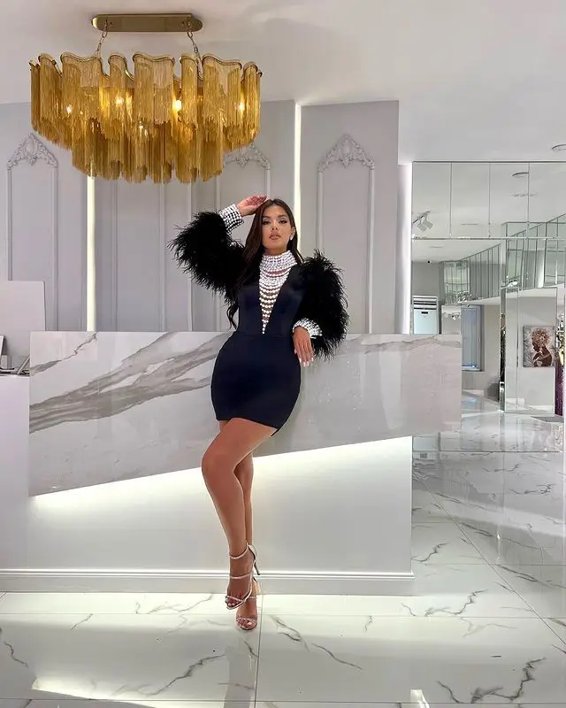 A9049 Factory Wholesale Black Women Mini Gown Dress Beaded Feather Velvet Ladies Evening Party Dress