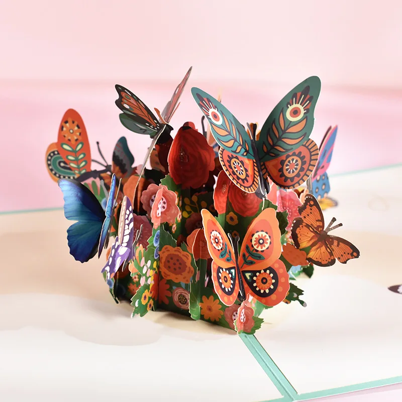 Unique Customized Birthday Colorful Butterfly Flower Blue Basket Valentine 3D Pop Up Greeting Card