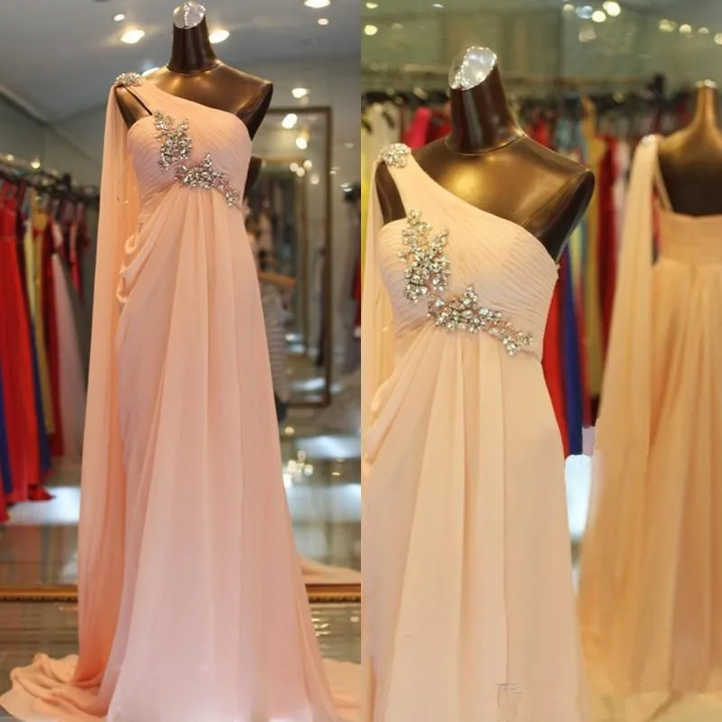 Peach Chiffon Evening Dresses One Shoulder Pleated Beaded Crystals Long Prom Dress