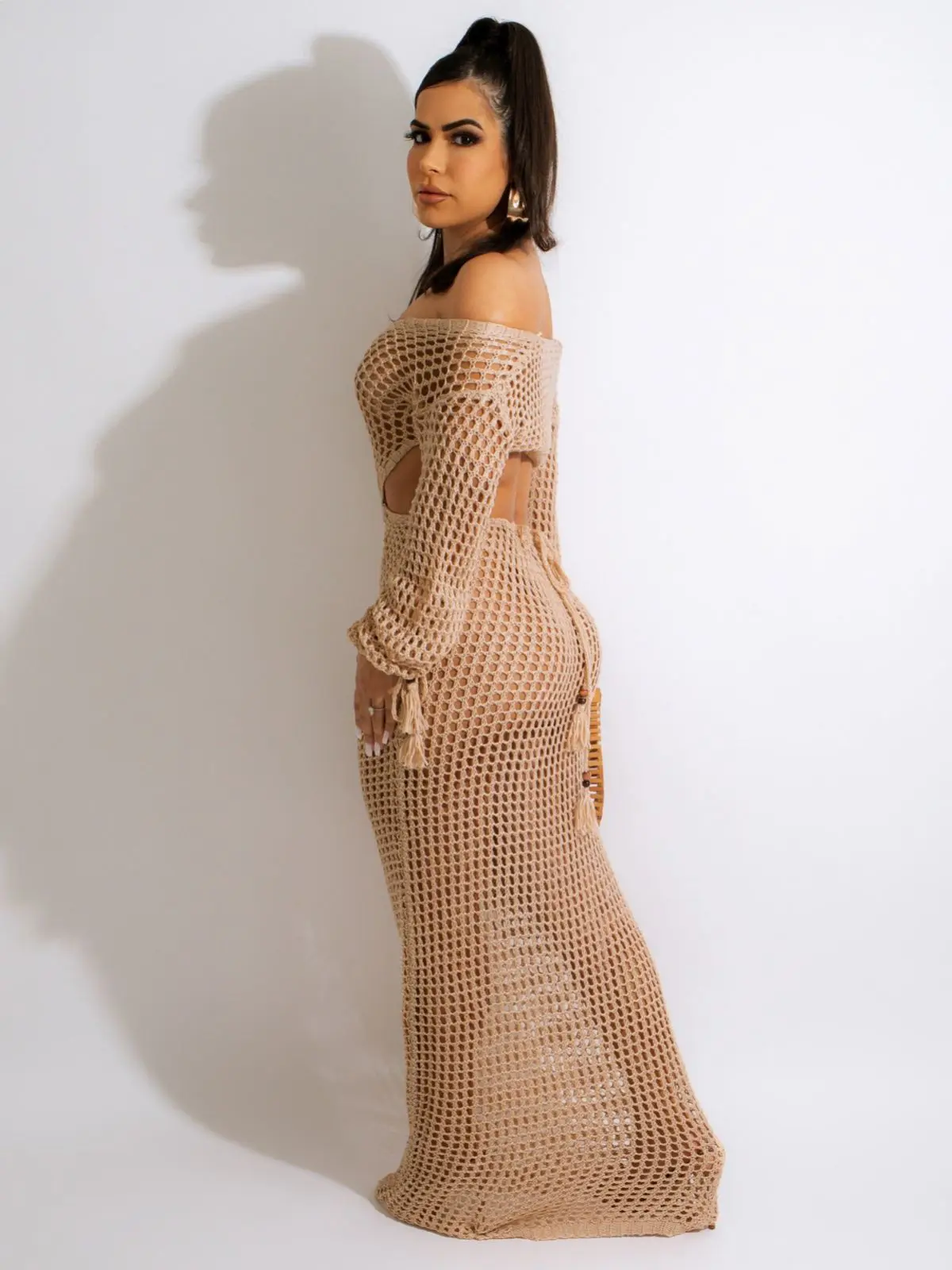 2023 New Long Sleeve Hollow Out Netting Party Dresses Women Solid Color Deep V Knitted Sexy Hot Women Dress