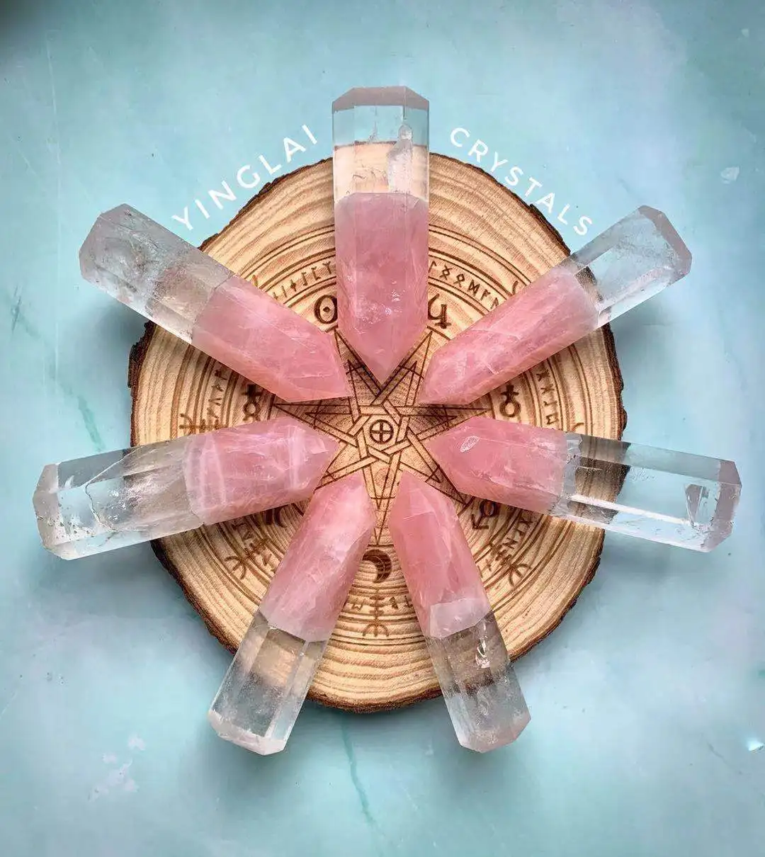 Wholesale natural crystals healings stones wand tower splicing rose quartz and clear quartz points