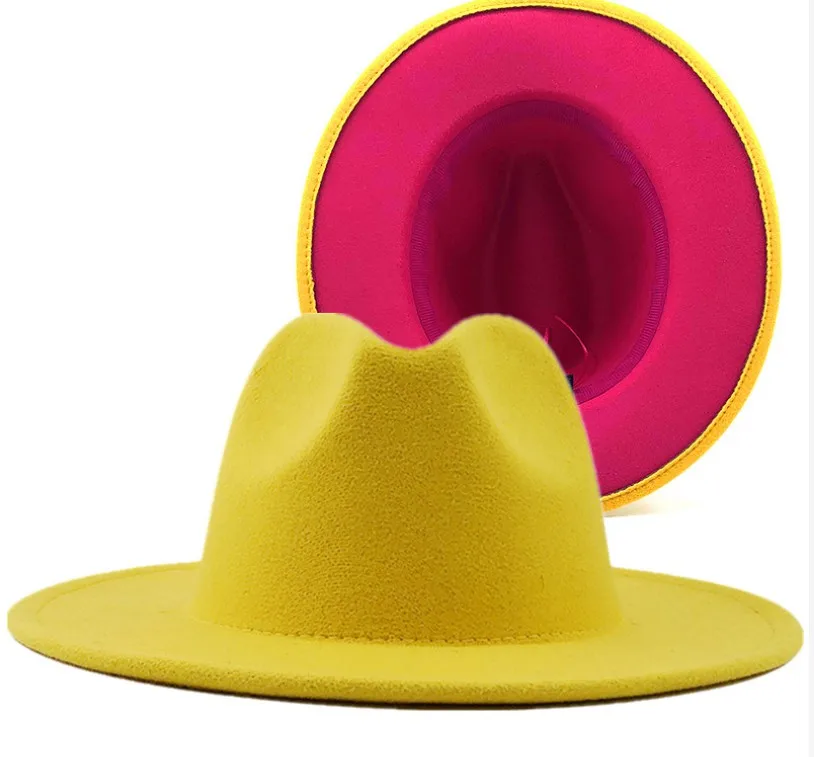 Wholesale High Quality Fake Wool Felt Fedora Hat For Men 2 tone hat colorful different candy color brim fedora  women hat