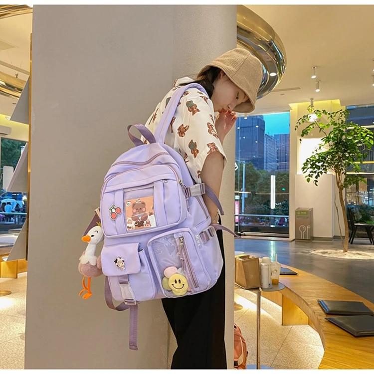 Kawaii Backpack with Cute Cow Plush Kawaii Pin Accessories Large Capacity Aesthetic School Bags Cute Bookbag for Girls Teen
