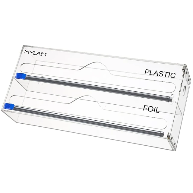 2 slot Clear Plastic Wrap Dispenser with Slide Cutter Acrylic Foil & Wrap Dispenser Storage Box