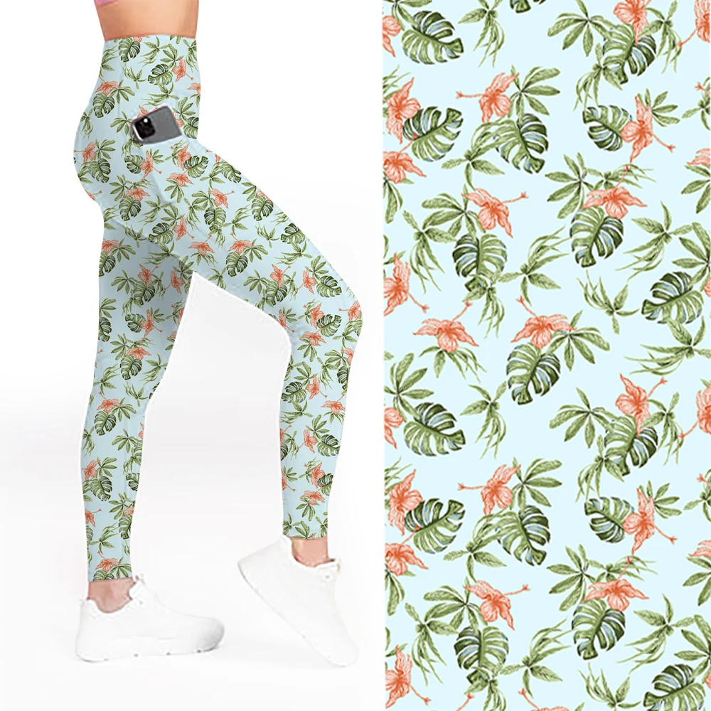 Custom floral print High Waist Sports Leggings Ribbed Yoga Pants Gym Leggings for girls with pocket