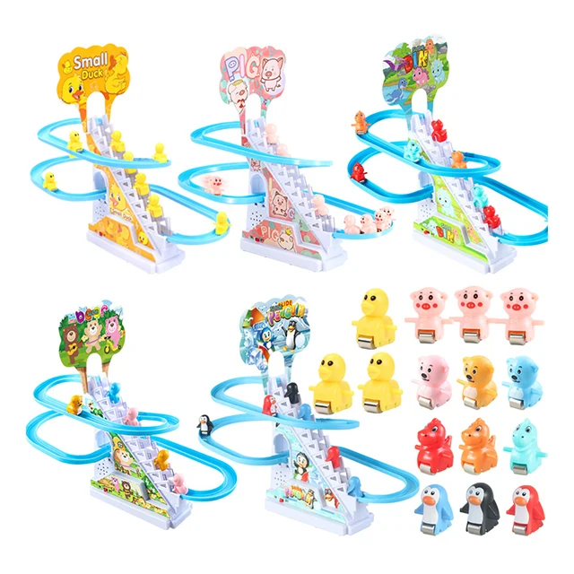 Duck Competition Set Stair Climbing Track Slot Toy With Led Flashing Light and Music Kids Toys Dinosaur Penguin Car Track