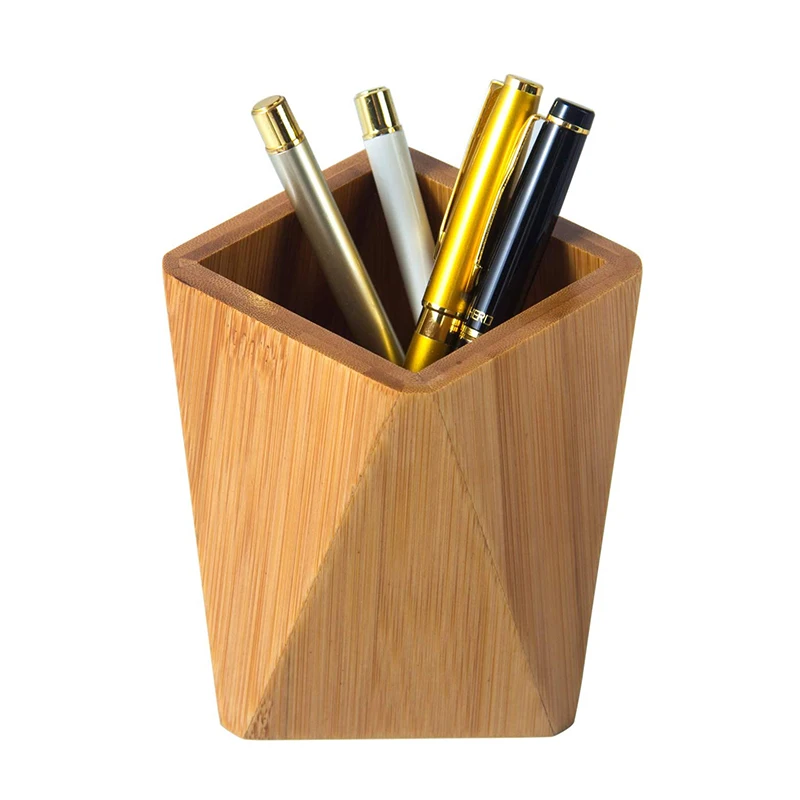 Bamboo Wood Desk Office Pen Holder Stand Geometric Pencil Cup Pot organizer