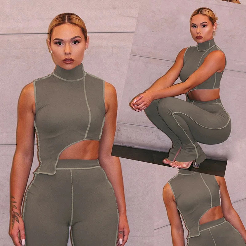 HJ ZSE24 20%OFF Wholesale 2021 New Fashion 2 Piece Grey Set Irregular One Shoulder Cut Out Crop Top High Waist Pants Set