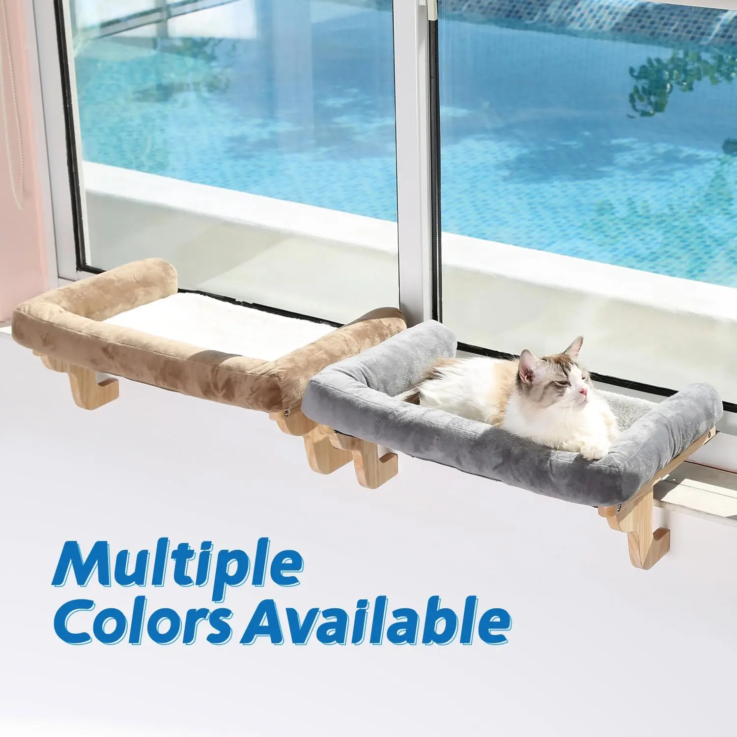 Premium Hardwood Brown Cat Bed Orthopedic Hammock Design Robust Metal Frame Dark Stained Wood Animal Pattern Window Sill Bolster
